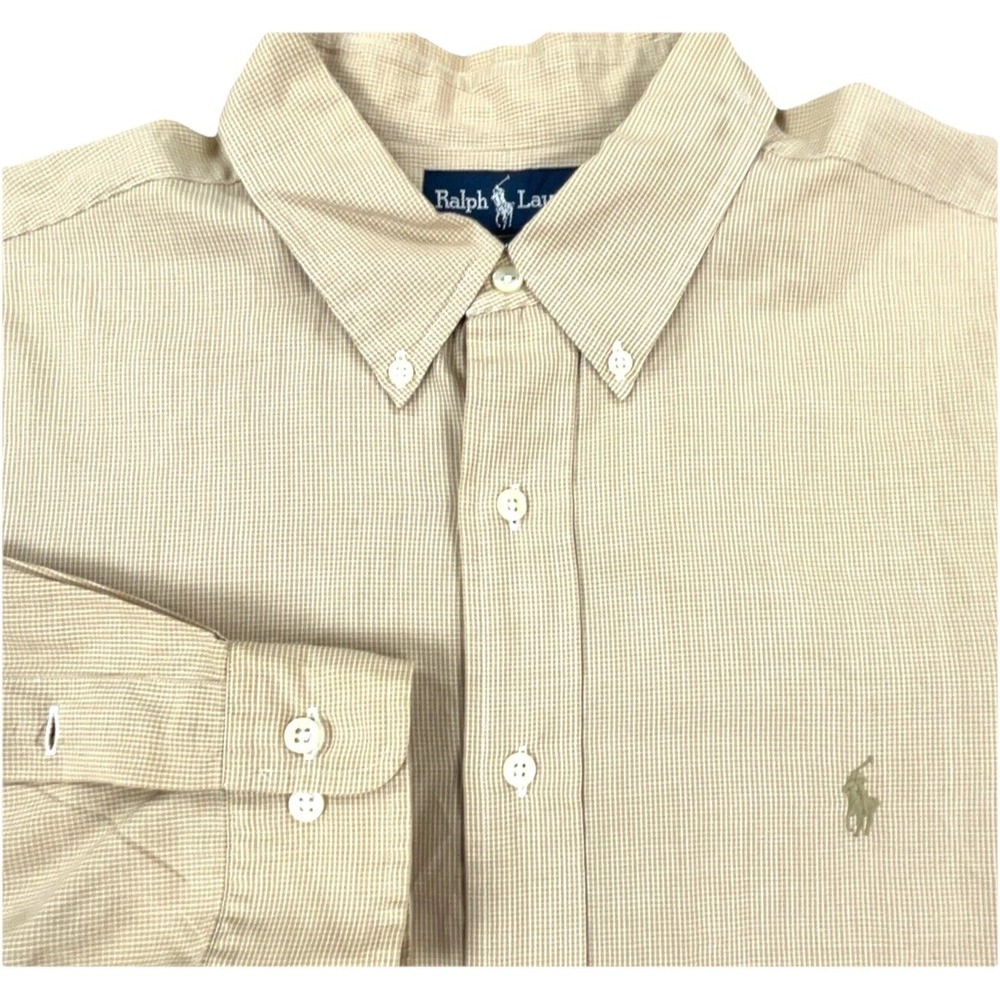 Ralph Lauren Shirt Men 17 34 Tan Button Up Dress Yarmouth‎ Mini Check XL *